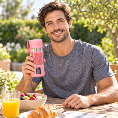 A smiling man holds a pink portable blender with a red smoothie while sitting at an outdoor breakfast table.