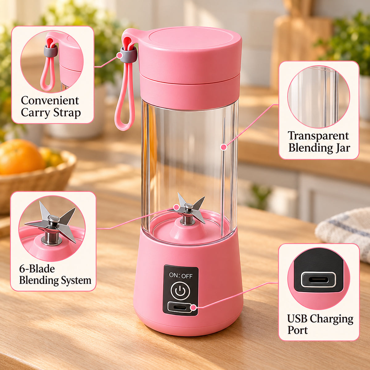 A pink portable blender with callouts highlighting its strap, transparent jar, 6-blade system, and USB charging port.
