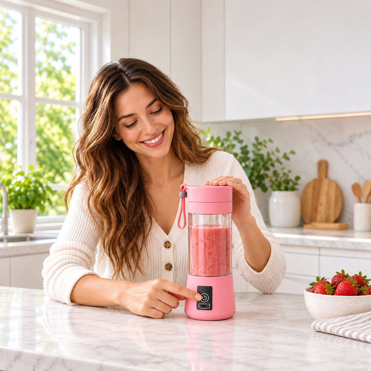 A smiling woman in a white cardigan presses the power button on a pink portable blender with a red smoothie inside.