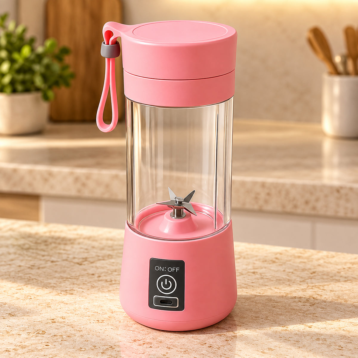 A pink portable blender with a clear jar and visible blades sits on a speckled kitchen counter in a bright room.