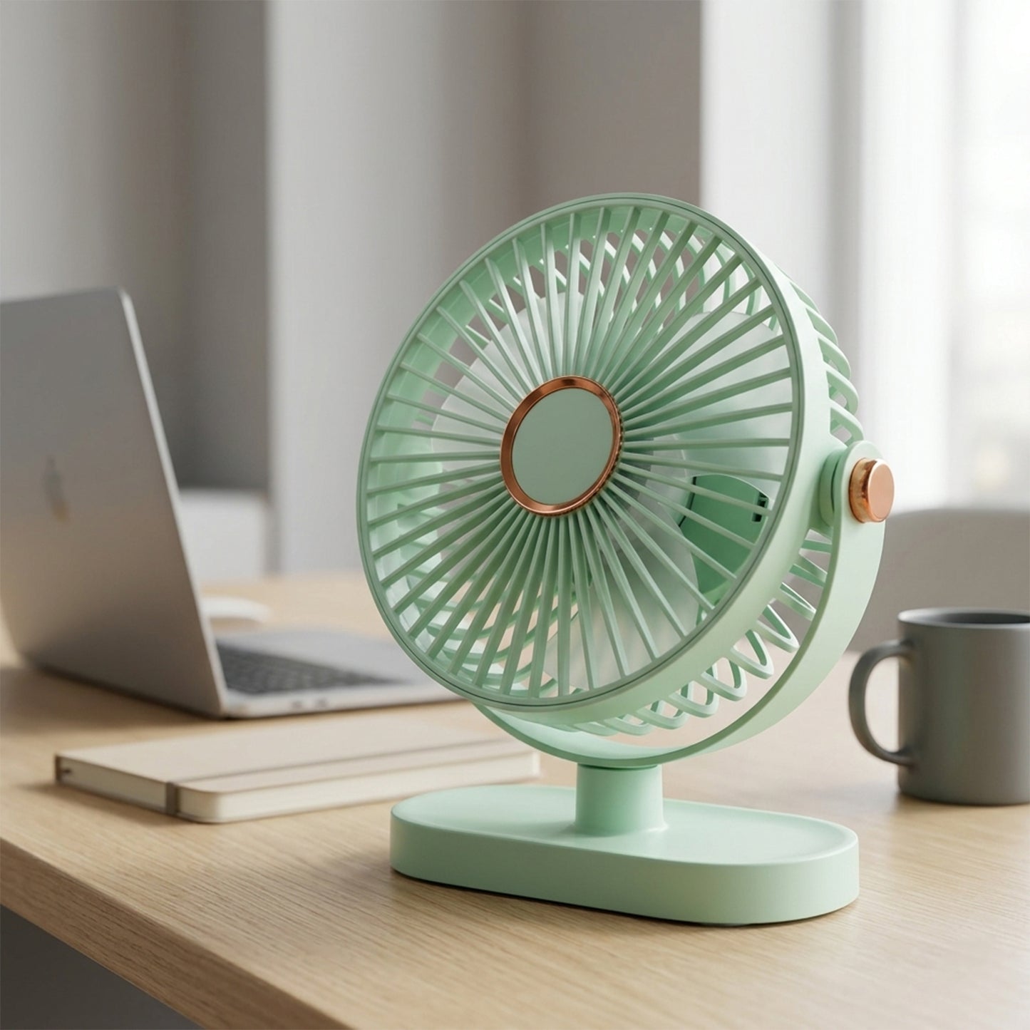 Portable rechargeable fan in use on office desk
