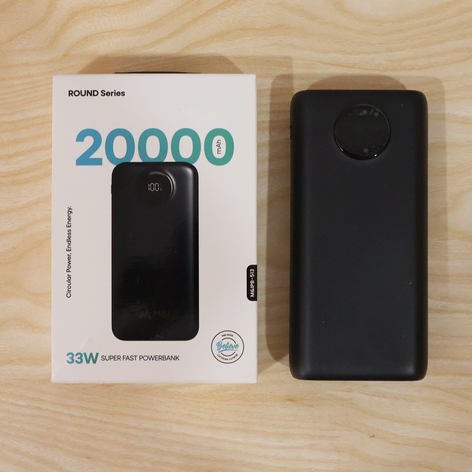 Power bank side view with charging cable port