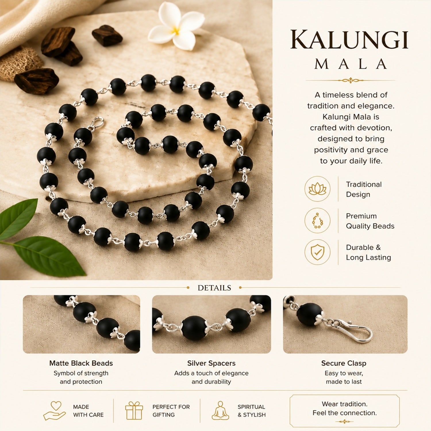 Handcrafted Kalungi Mala featuring 54 black beads with silver spacers