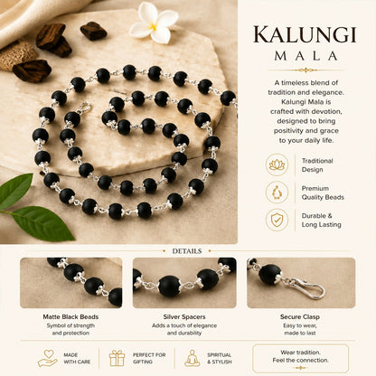 Handcrafted Kalungi Mala featuring 54 black beads with silver spacers