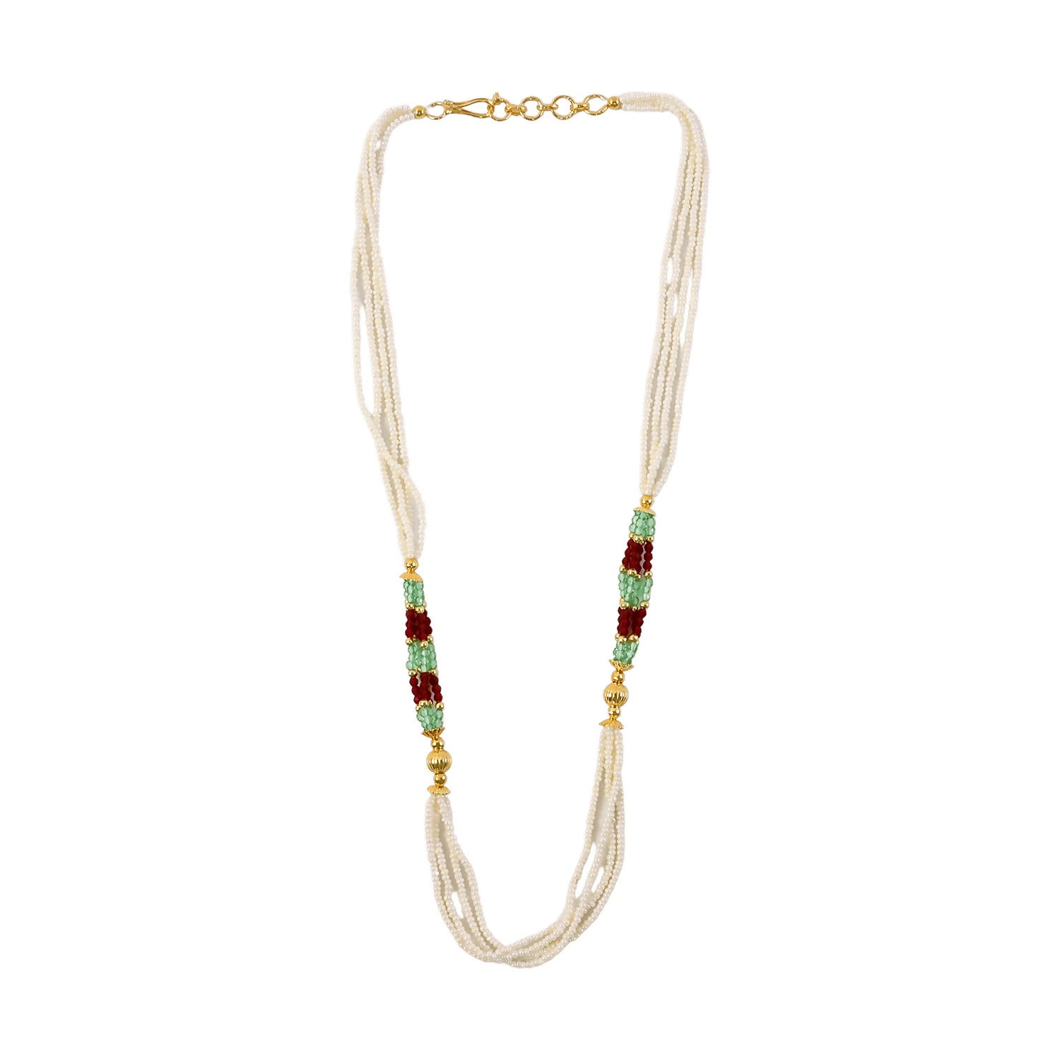 Elegant White Beaded Mala with Red & Green Traditional Design for Women
