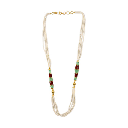 Elegant White Beaded Mala with Red & Green Traditional Design for Women