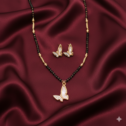 Gold-Plated AD Butterfly Mangalsutra & Matching Earrings Set for women