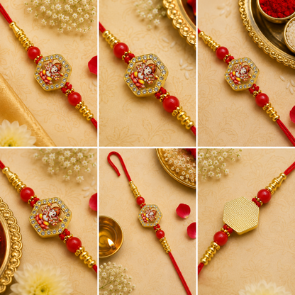 A collage of six close-up views of a red thread bracelet with a Ganesha charm and red beads, shown on various backgrounds.