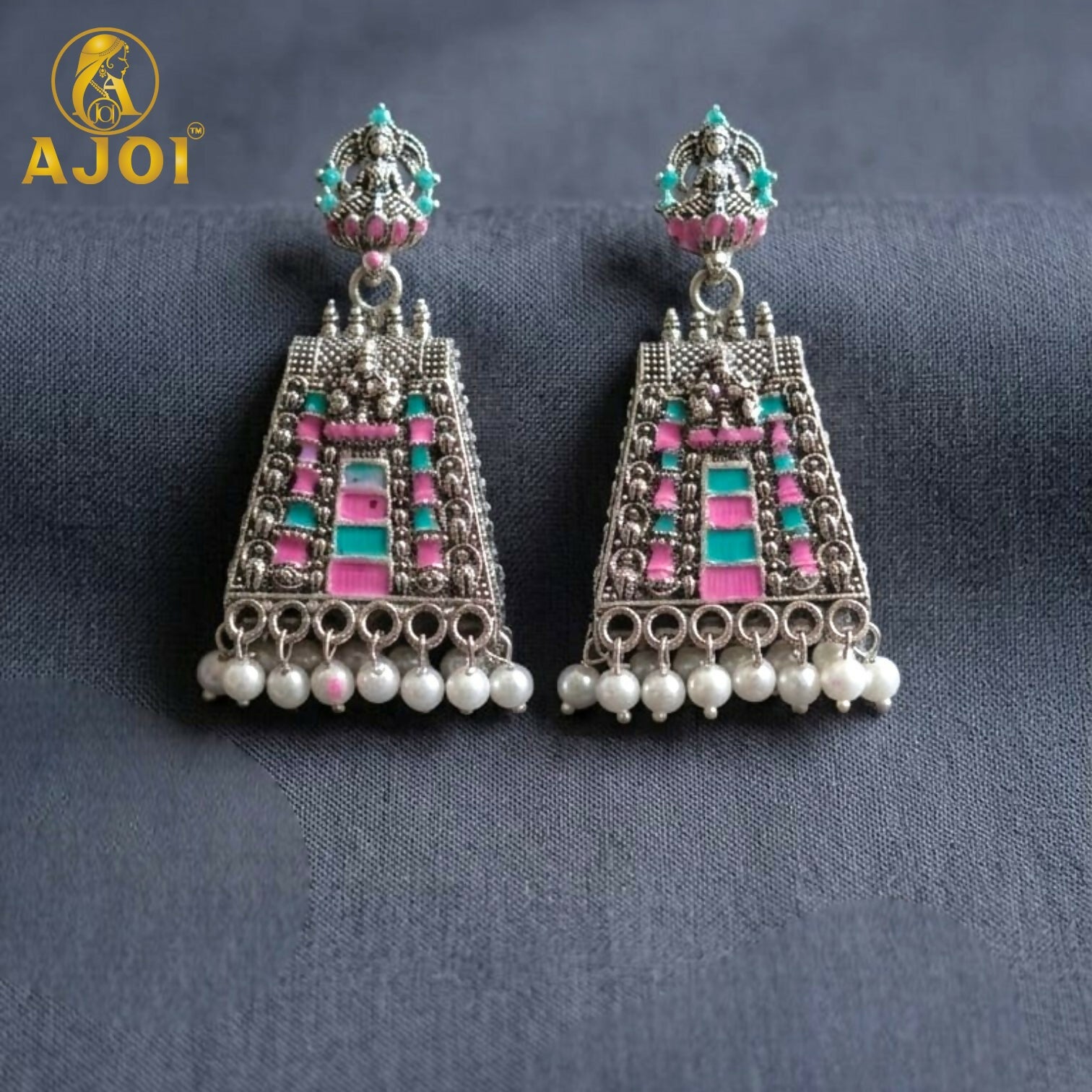 Silver Temple Style Pearl Drop Earrings with Pink Green Enamel Work for Women