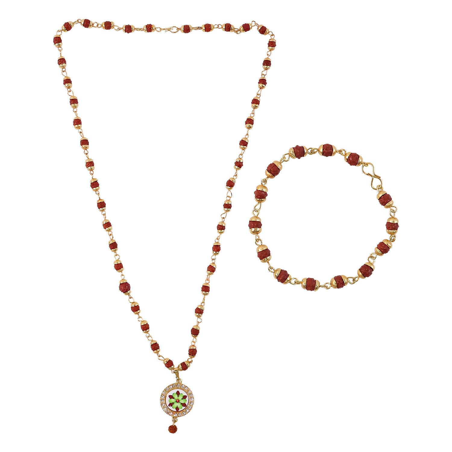 Rudraksha Necklace & Bracelet Set with Floral Pendant