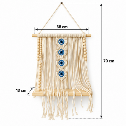 A macrame wall hanging shelf with blue evil eyes, showing dimensions of 38 cm width, 70 cm height, and 13 cm depth.
