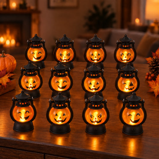 Twelve small black and orange pumpkin lanterns with different carved faces glow warmly on a wooden table.