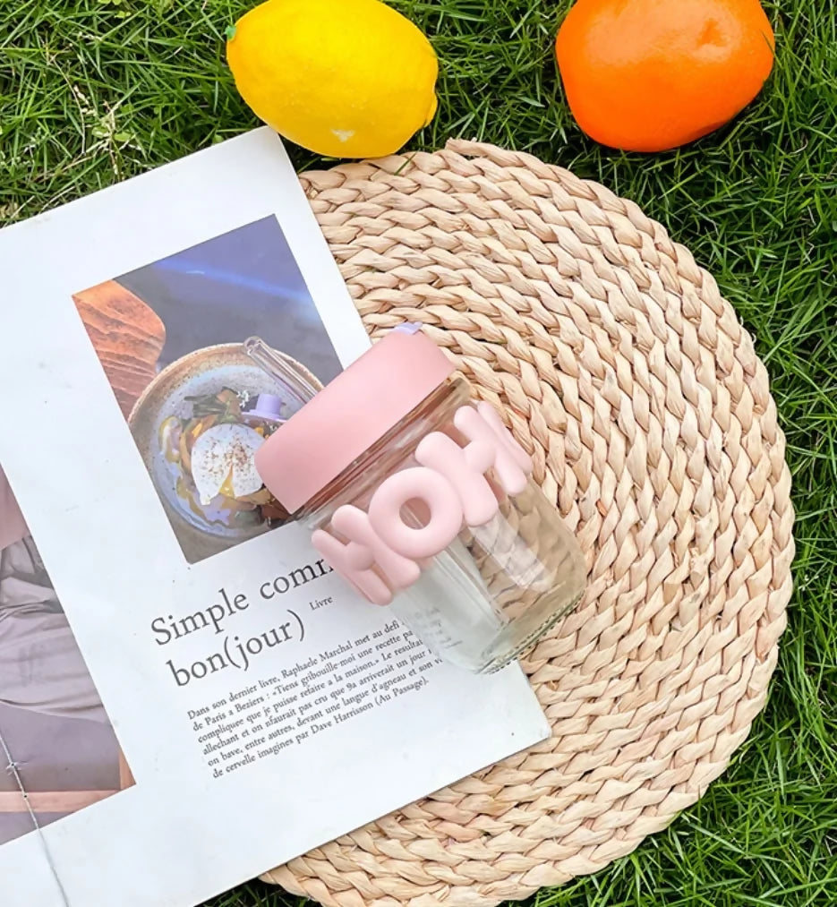 HOHO Cute Glass Milk Jar with Straw & Silicone Lid | 350ml Leakproof Reusable Smoothie Cup | Aesthetic Mason Jar Tumbler for Kids & Adults | Iced Coffee, Juice & Milkshake Cup | 12cm x 7cm | Pastel Pink