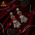 Oxidized Silver Jhumka Earrings – Red Stone & Ornate Filigree