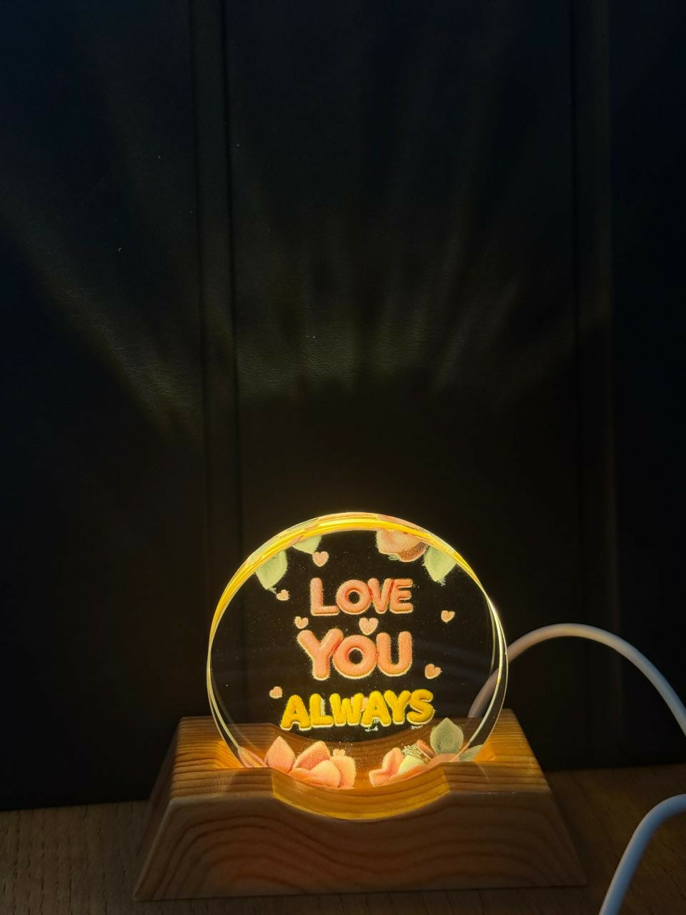Love You Always Acrylic LED Lamp with Wooden Base Romantic Gift Light