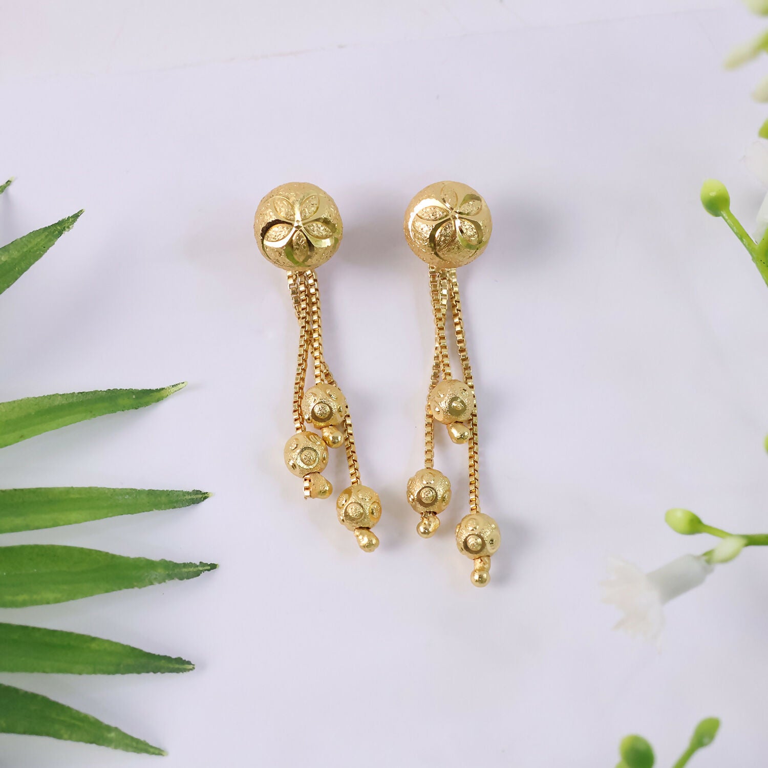 Floral Stud Chain Drop Earring with Elegant Bead Accents