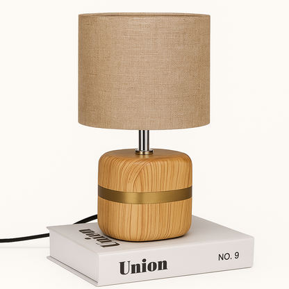 Modern Wooden Base Table Lamp with Warm Fabric Shade | Minimalist Bedside & Living Room Night Lamp | Golden Accent Decorative Lighting