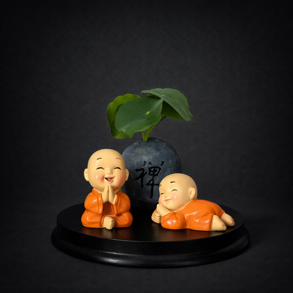Cute Zen Monk Couple with Mini Planter Decorative Showpiece (ANY COLOR)
