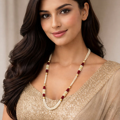 Handmade Multi Strand Pearl Beaded Mala Necklace Red Gold Ethnic Jewelry for Women