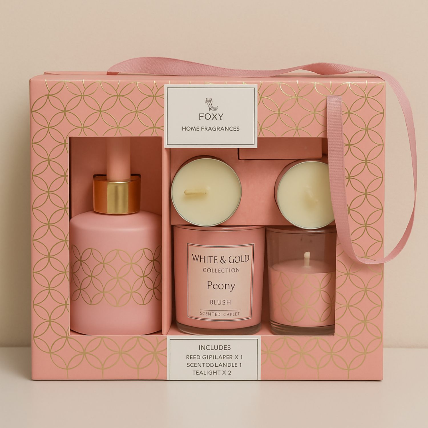 Luxury Peony Fragrance Gift Set – Foxy Home Fragrances White & Gold Collection | Scented Candle & Reed Diffuser Combo with Tealight Candles | Elegant Home Décor Gift Set for Women
