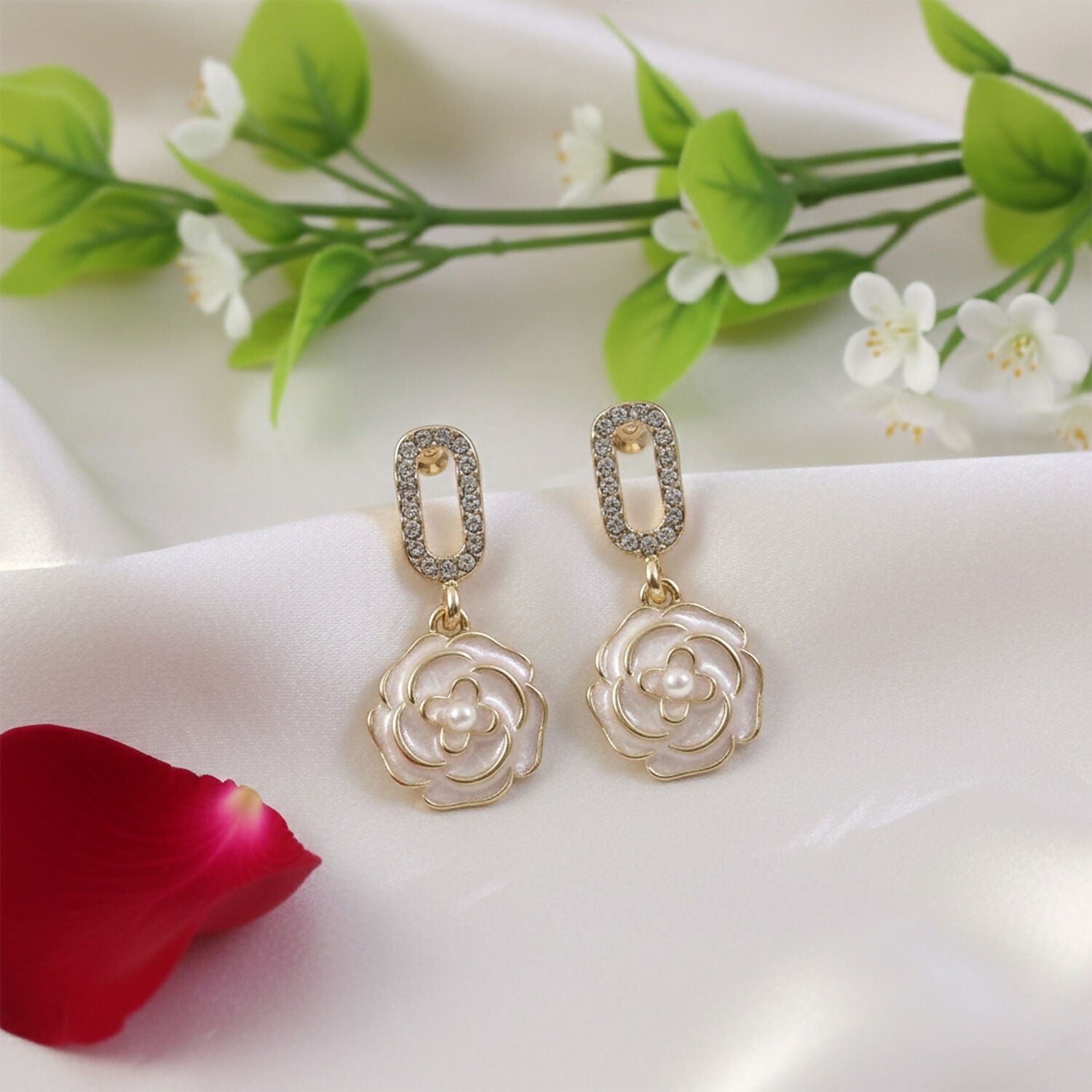 Luxury Korean Style Gold Plated Flower Drop Earrings for Women & Girls