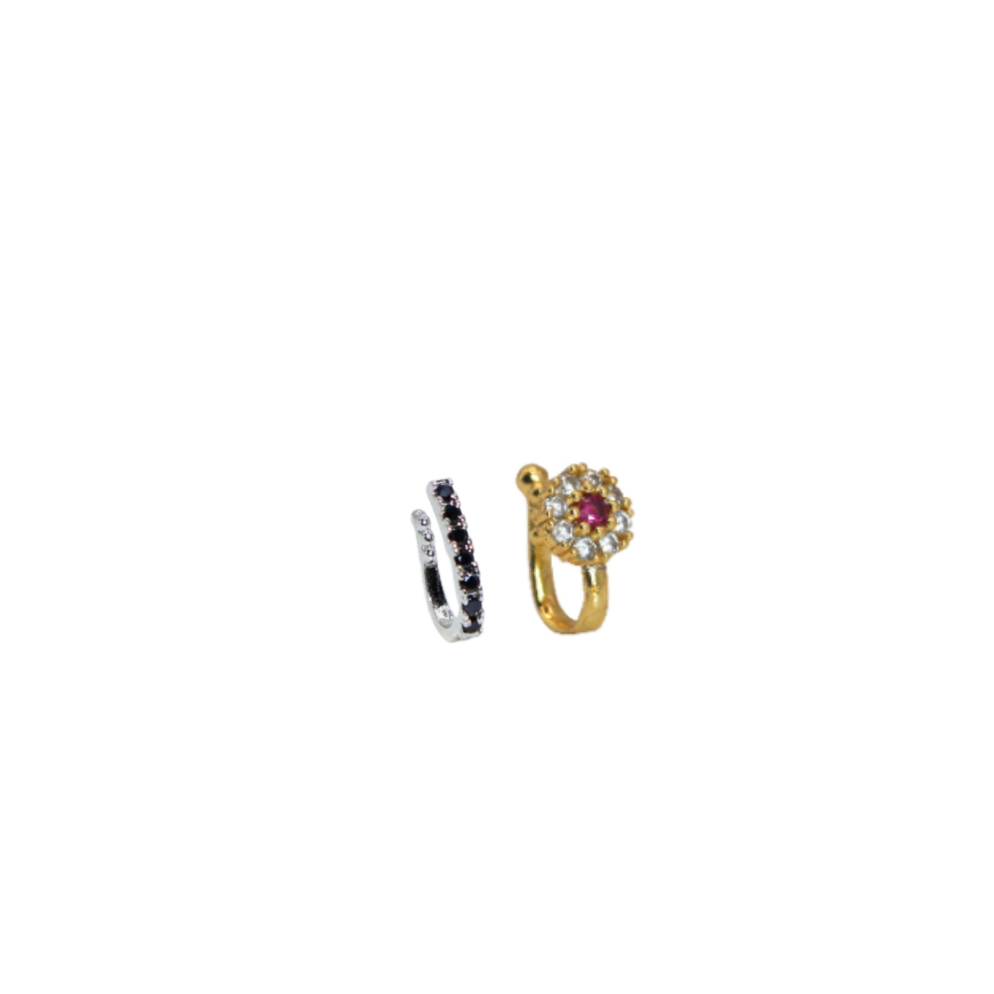Pair of gold-plated clip-on floral nose cuffs with white and red cubic zirconia stones