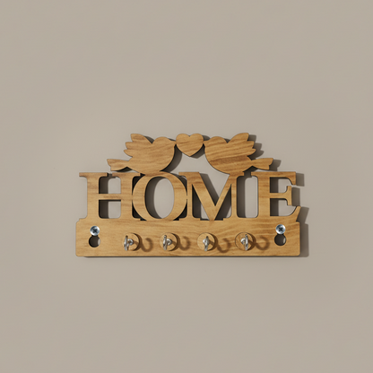 Wooden Key Holder for Wall “HOME” with Birds – Decorative MDF Wall Key Organizer with 5 Hooks | Home Décor Key Stand