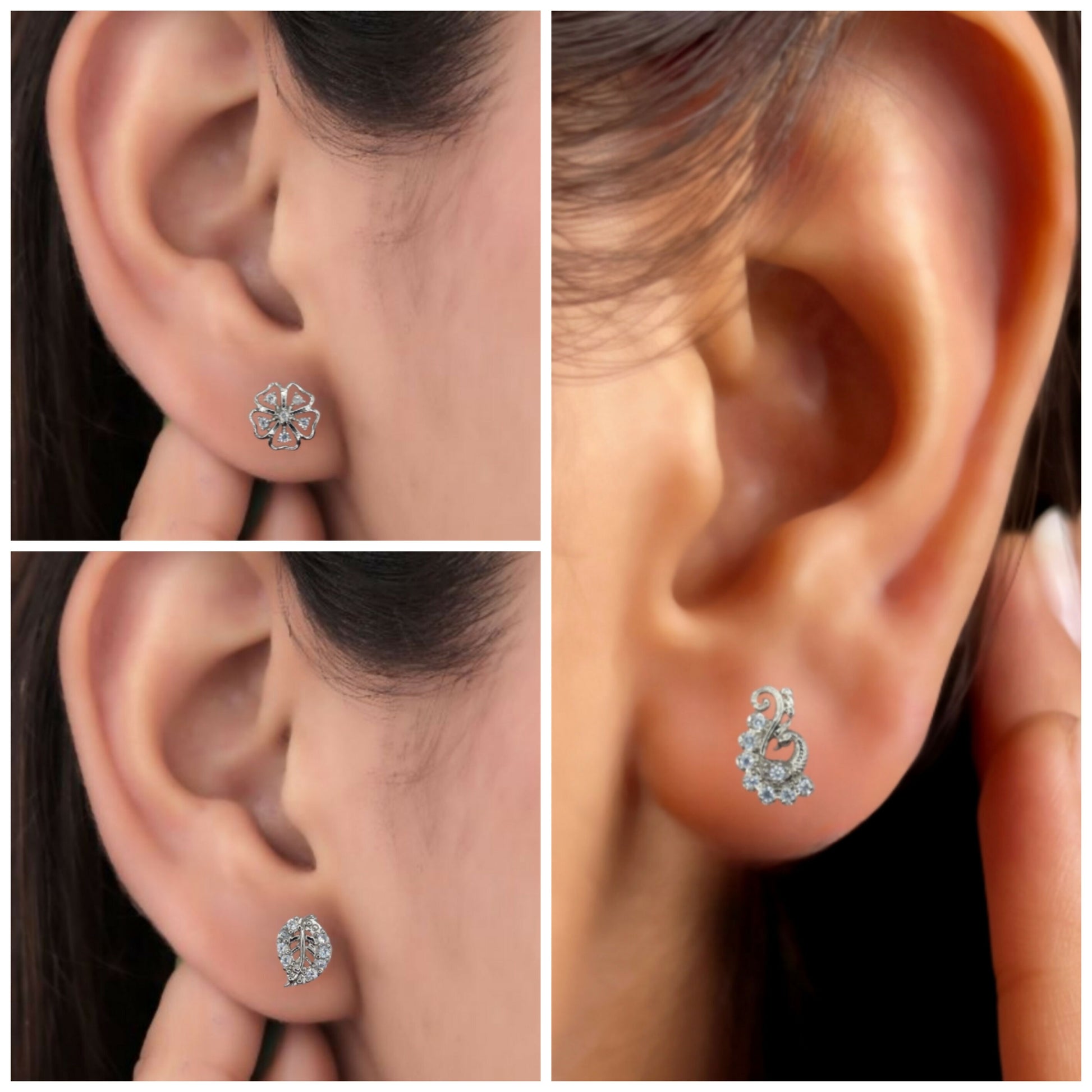 Close-up of diamond-style leaf stud earrings with brilliant Cubic Zirconia