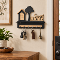 Wooden Sweet Home Wall Mounted Key Holder with 6 Hooks & Decorative Shelf
