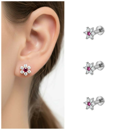 Set of three ruby floral silver plated stud earrings with flat back design