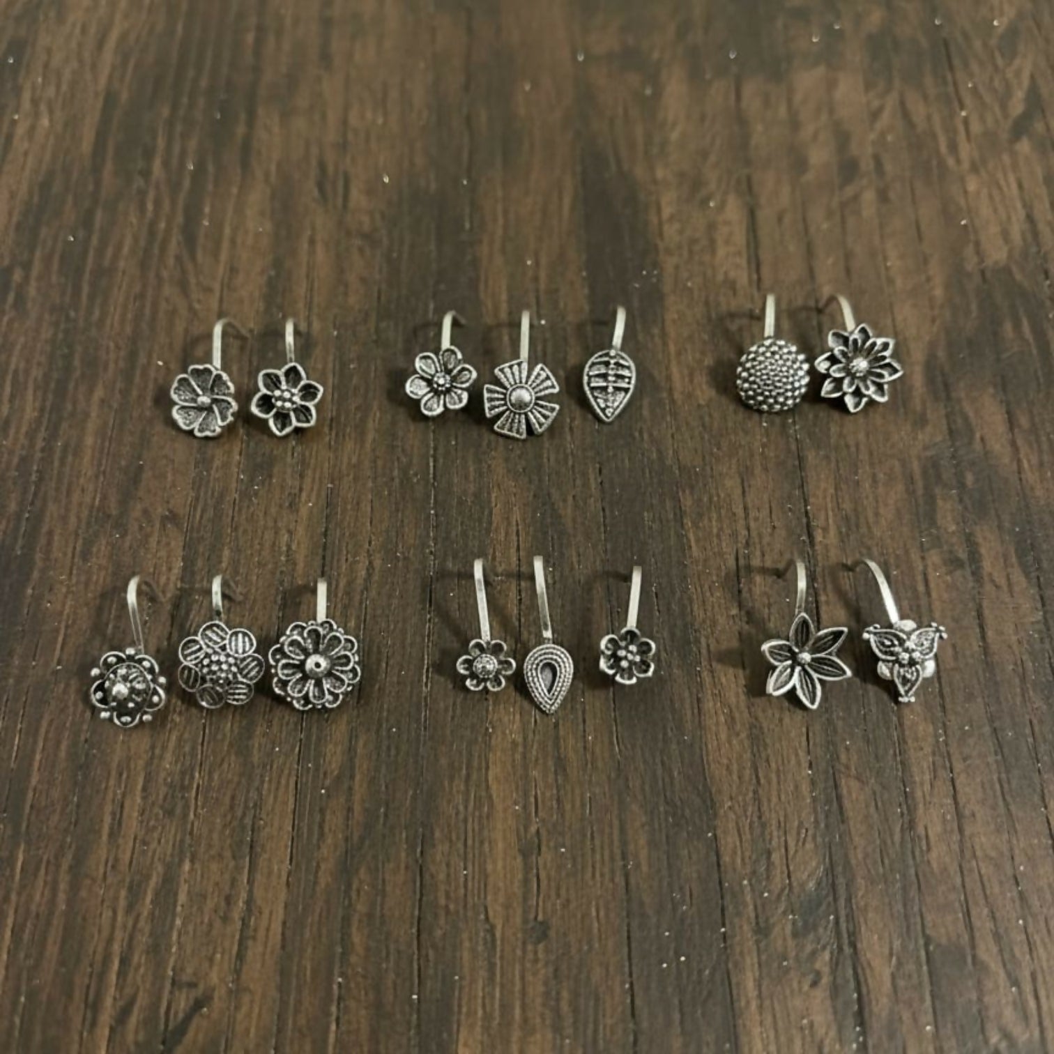 Oxidized Silver Traditional Floral Nose Pins Combo for Women & Girls (Pack of 15)