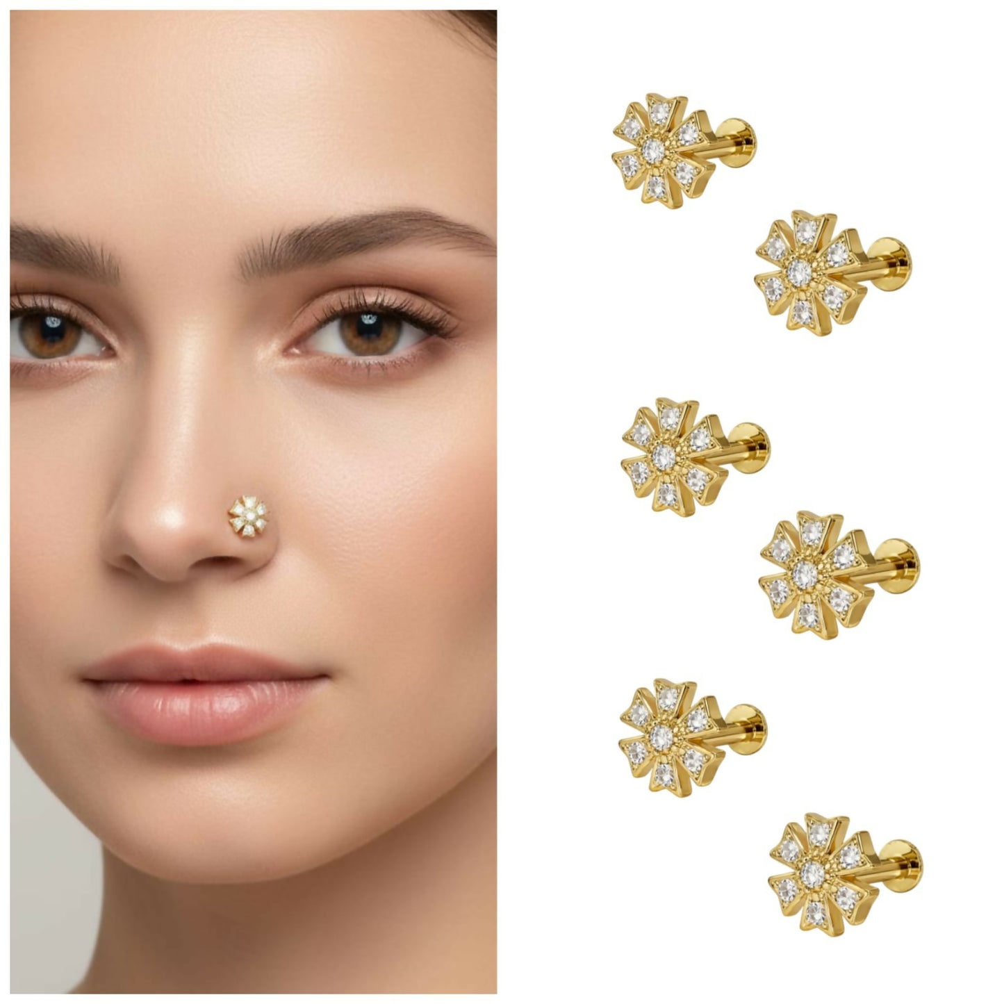 Gold plated floral crystal nosepin stud with flat back design