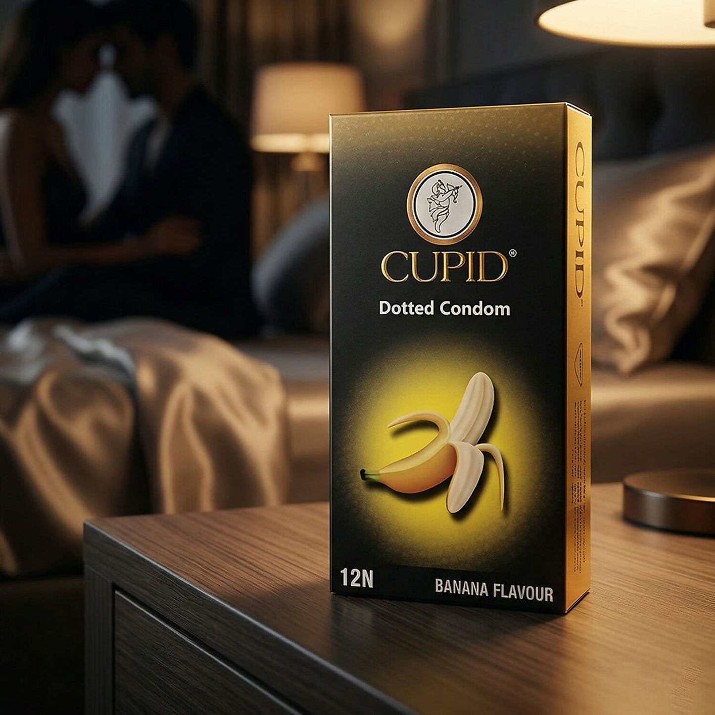 Cupid banana-flavored dotted condom showcasing textured surface and packaging