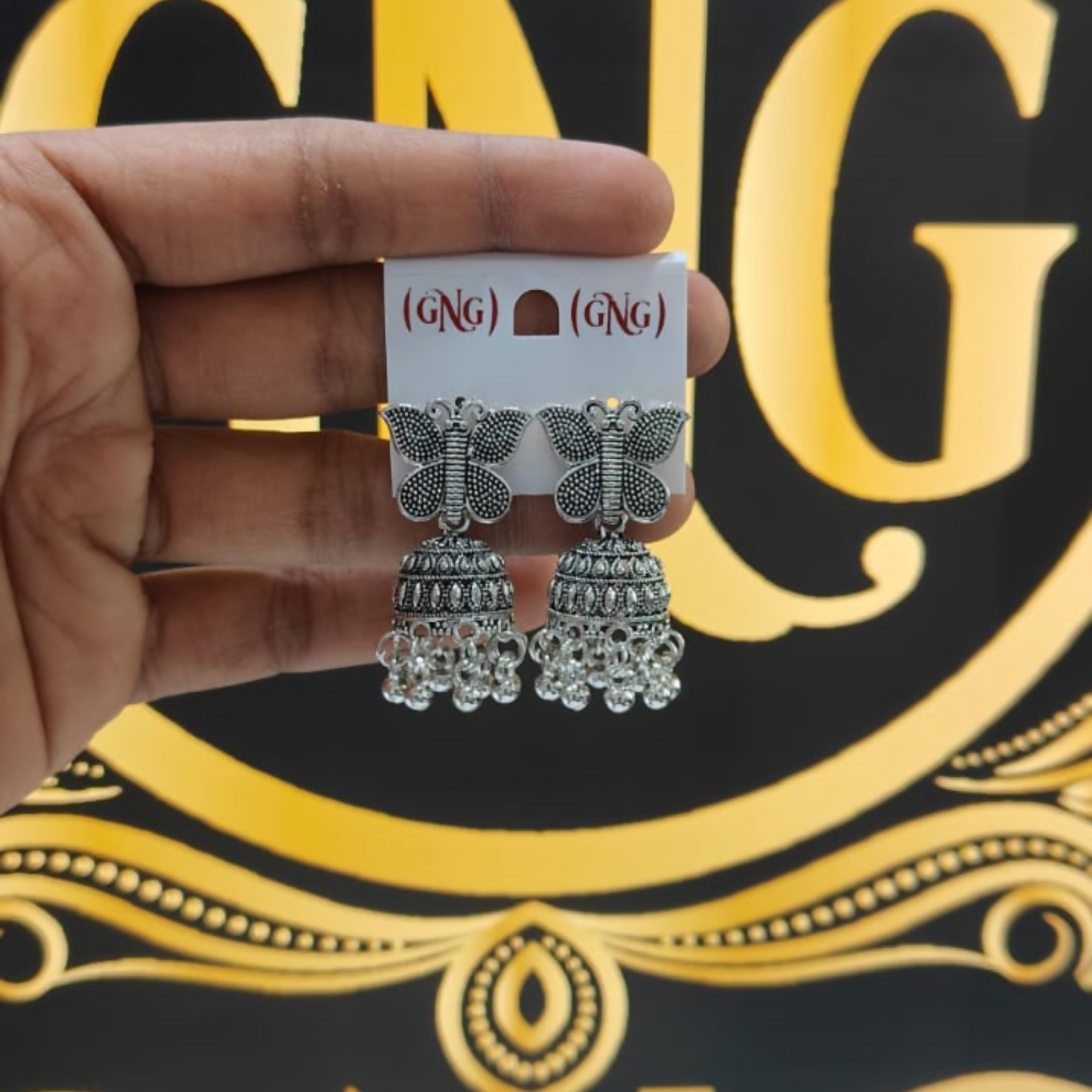 Stylish Oxidised Silver Butterfly Jhumka Earrings