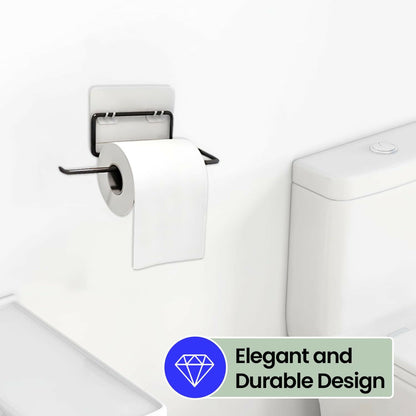 Black metal paper towel holder with a white toilet paper roll, mounted on a plain white wall.