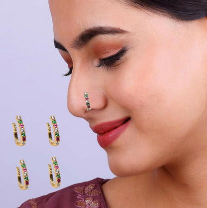 Clip-On Nose Ring Combo | Stud, Flower, & Hoop Nath Set Combo Pack of 4