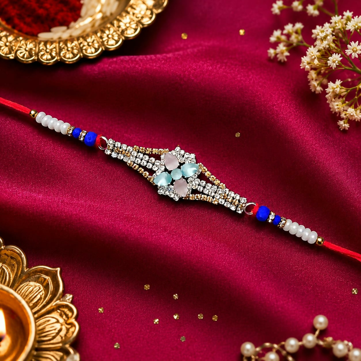 A red thread bracelet with a central diamond-studded floral design featuring pink and blue-green crystals, on a red silk