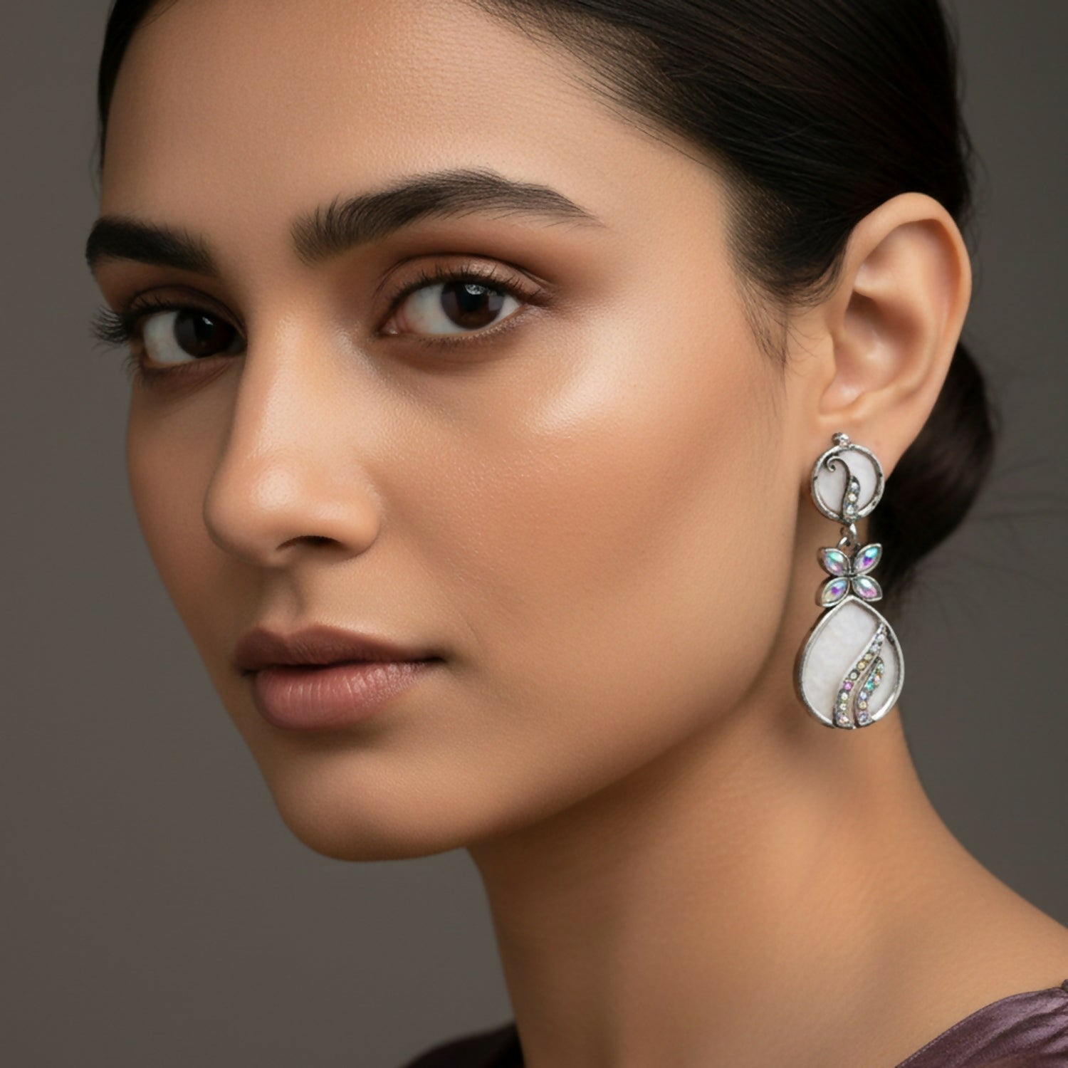 Oxidised White Stone Drop Silver Jhumka Earings