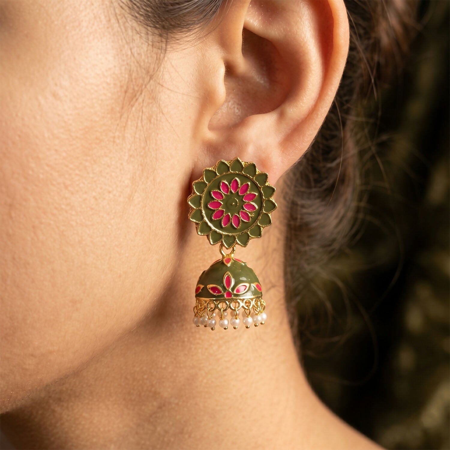Mahnedi Pink Floral Enamel Jhumka Earrings with Pearl Drops