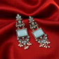 Oxidised Silver Peacock Earrings with Mint Blue Stones and Pearl Drops for Women