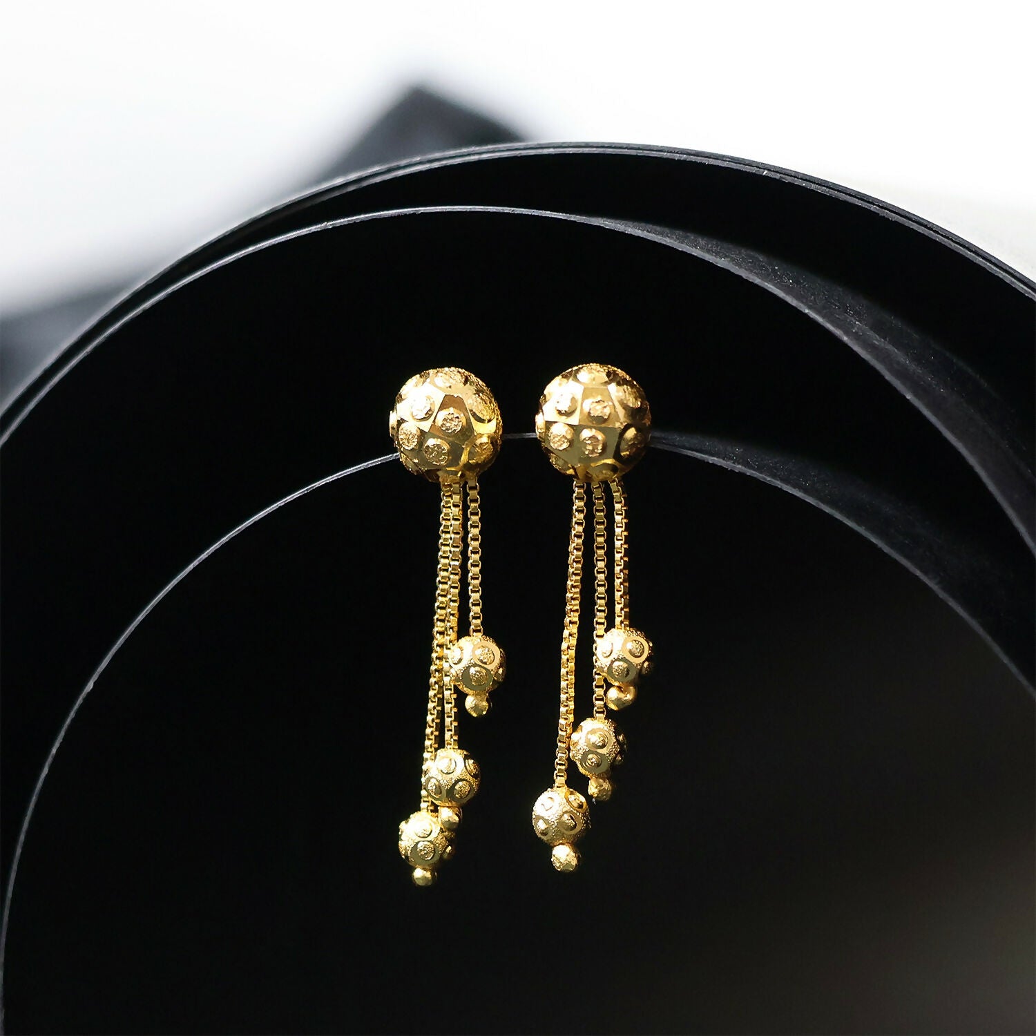 Gold Chain Tassel Style Earrings With Spherical Stud And Multi Strand Hanging Design