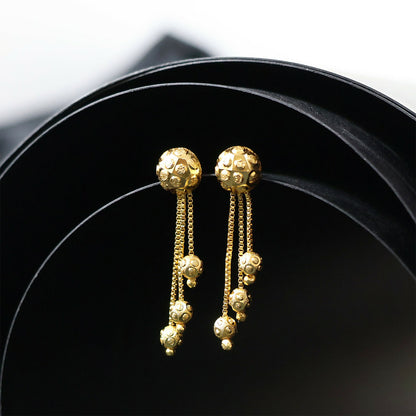 Gold Chain Tassel Style Earrings With Spherical Stud And Multi Strand Hanging Design