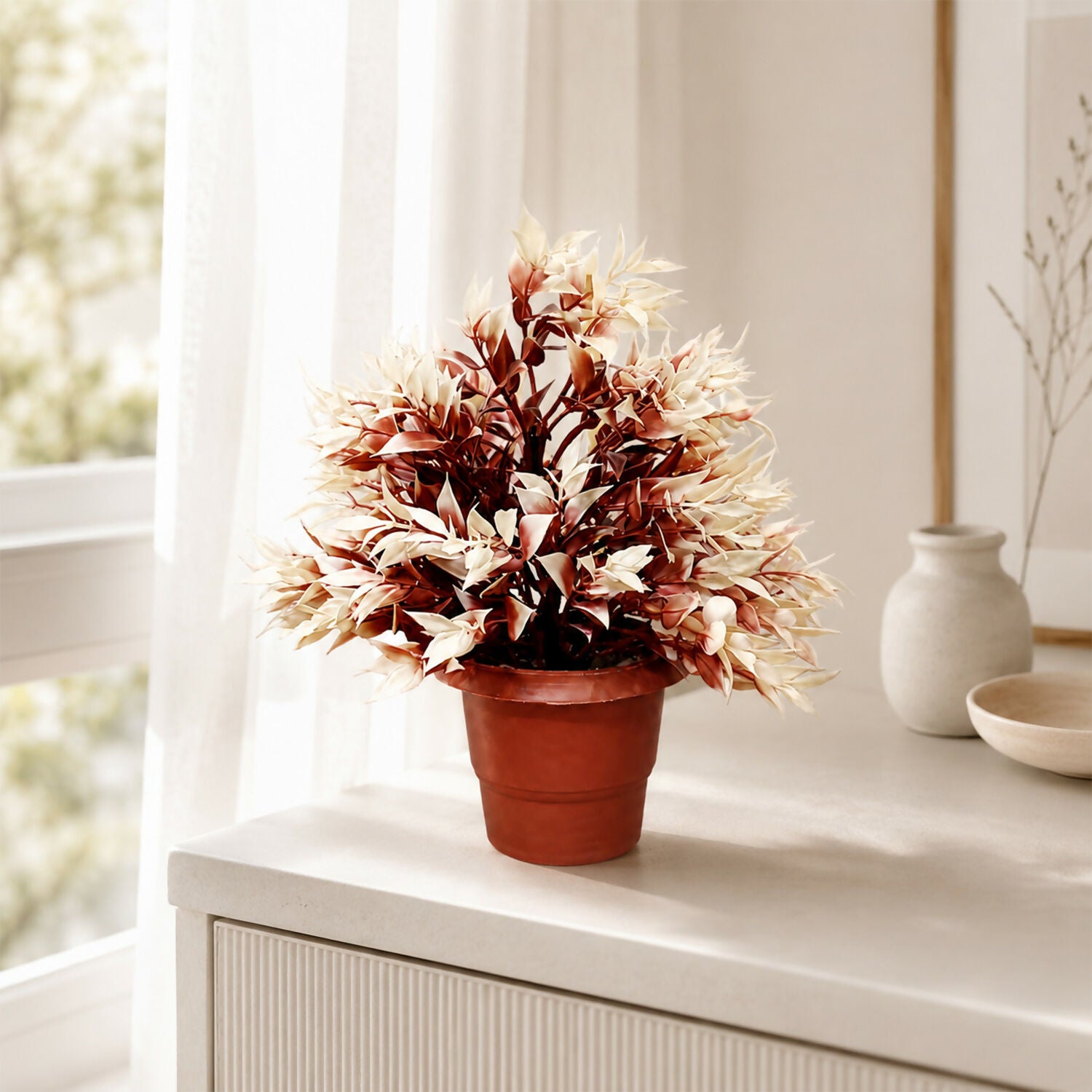 Artificial Brown Cream Bonsai Bushy Plant in Terracotta Pot for Home Office Decor