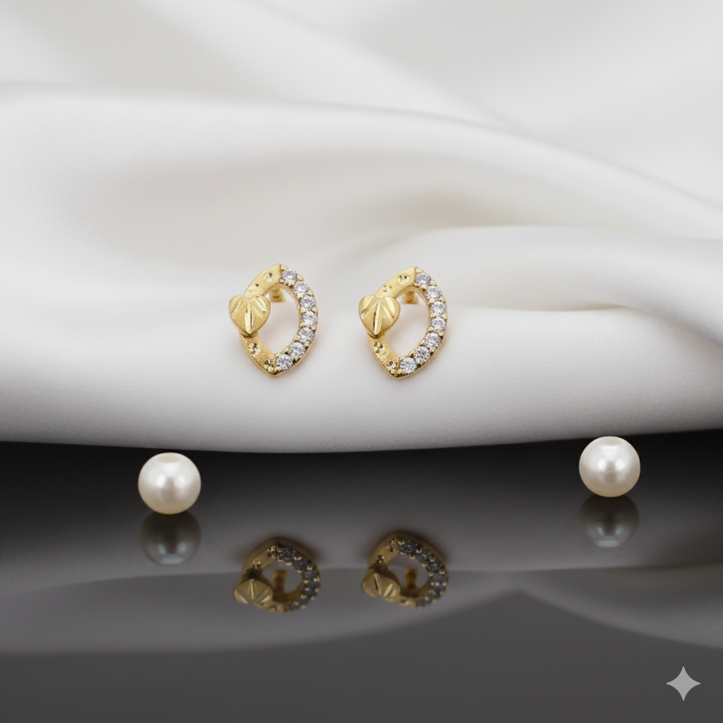 Gold-Plated AD Oval Stud Earrings | Daily Wear Leaf Design for women and girls