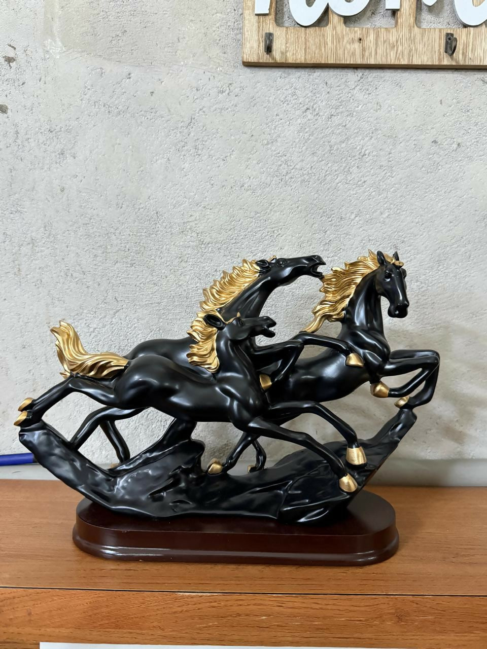 Three Running Horses Showpiece for Home Decor | Black & Gold Finish