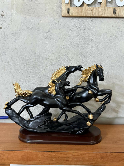 Three Running Horses Showpiece for Home Decor | Black & Gold Finish