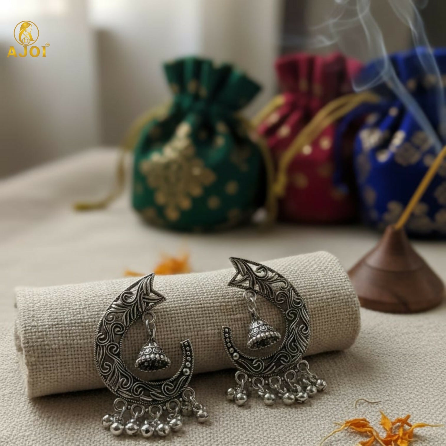 Chandrika Oxidized Silver Jhumka Earrings with Ghungroo Danglers