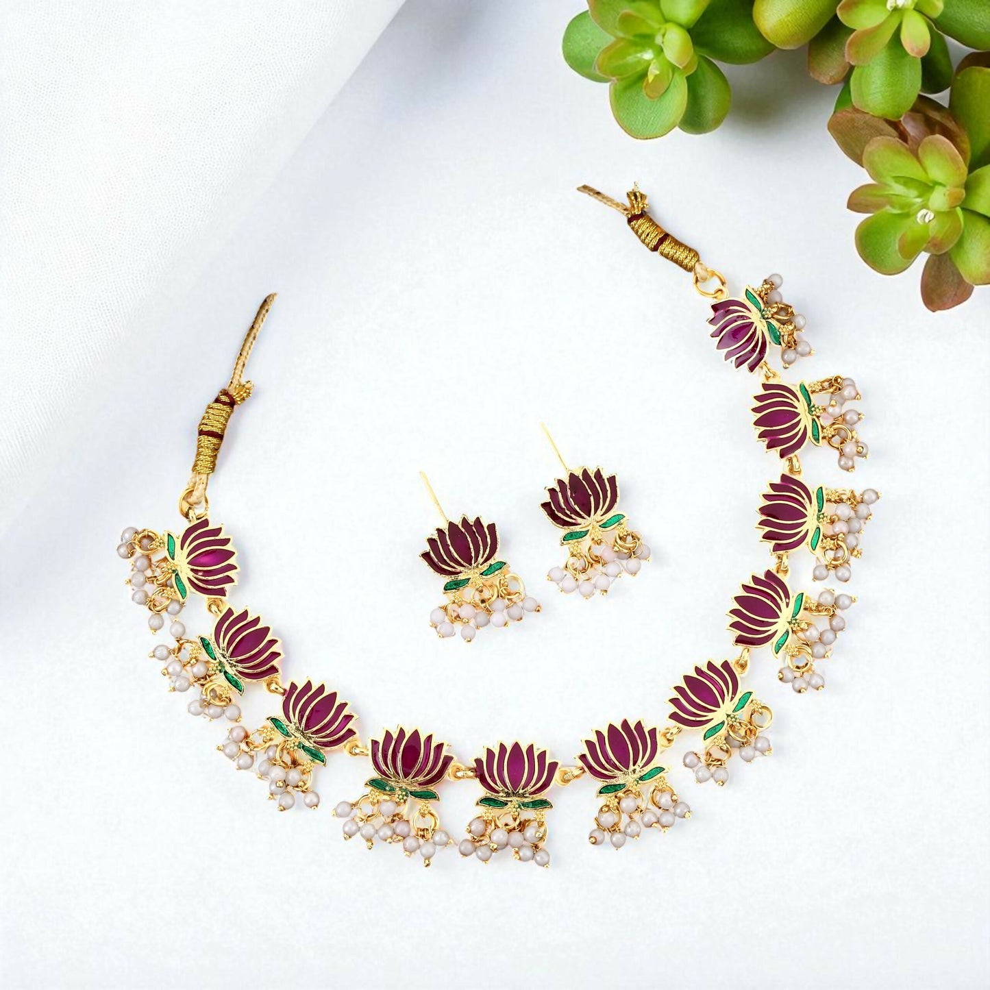 Gold Necklace with Purple Green Lotus & White Beads Pendant for Women Stylish Jewelry