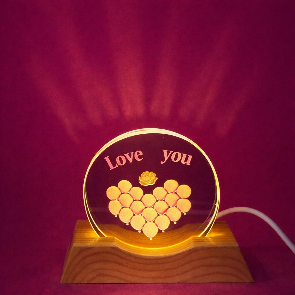 Love You Acrylic LED Lamp with Wooden Base Romantic Heart Gift Light