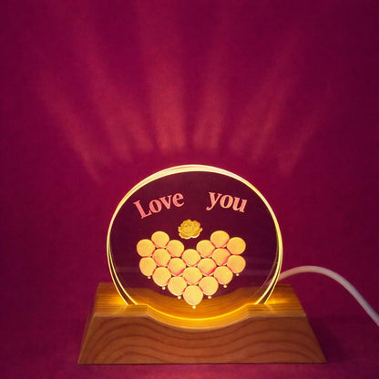 Love You Acrylic LED Lamp with Wooden Base Romantic Heart Gift Light